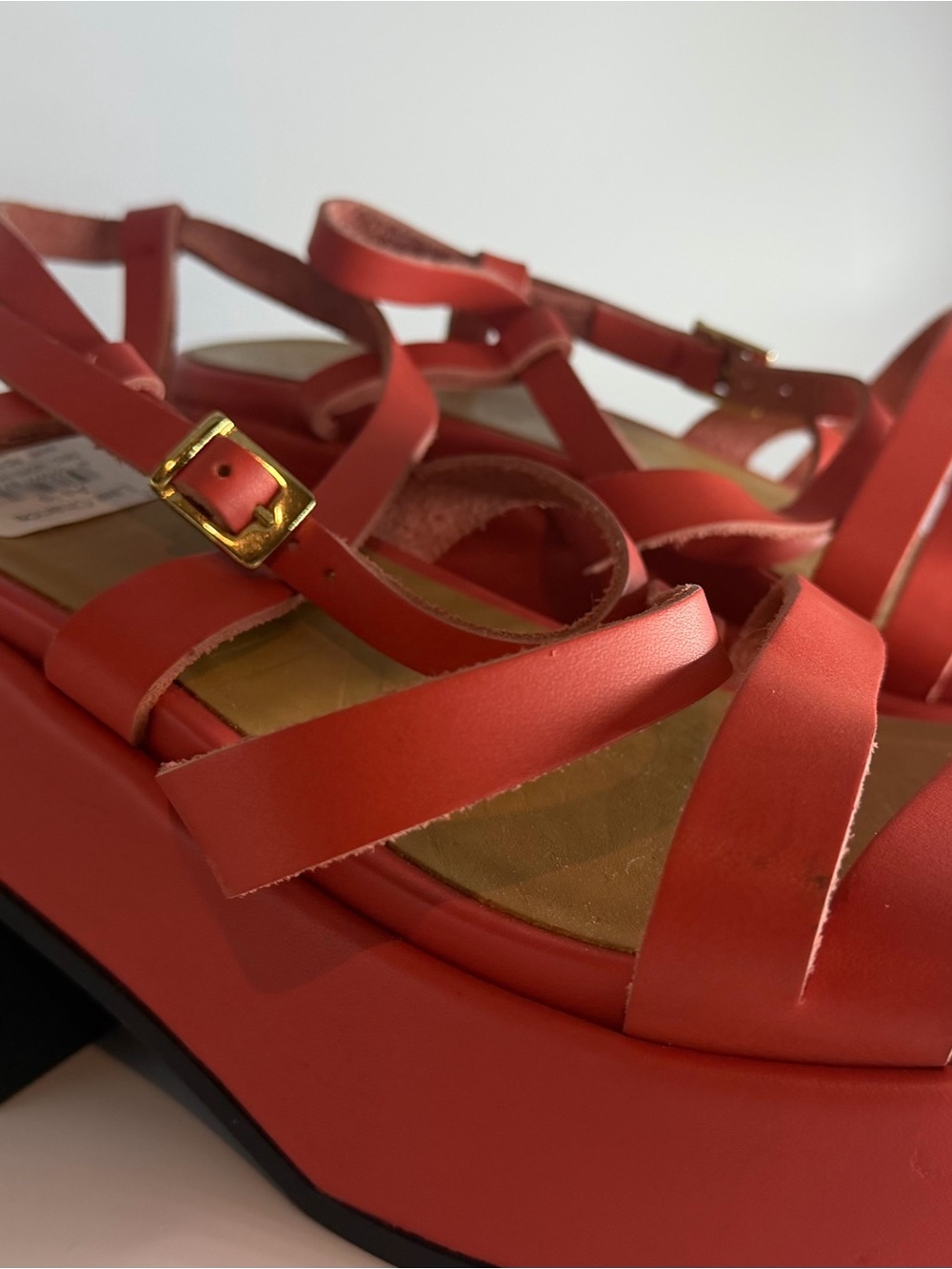Ganni Coral Strappy Platform Sandals with Gold Buckle